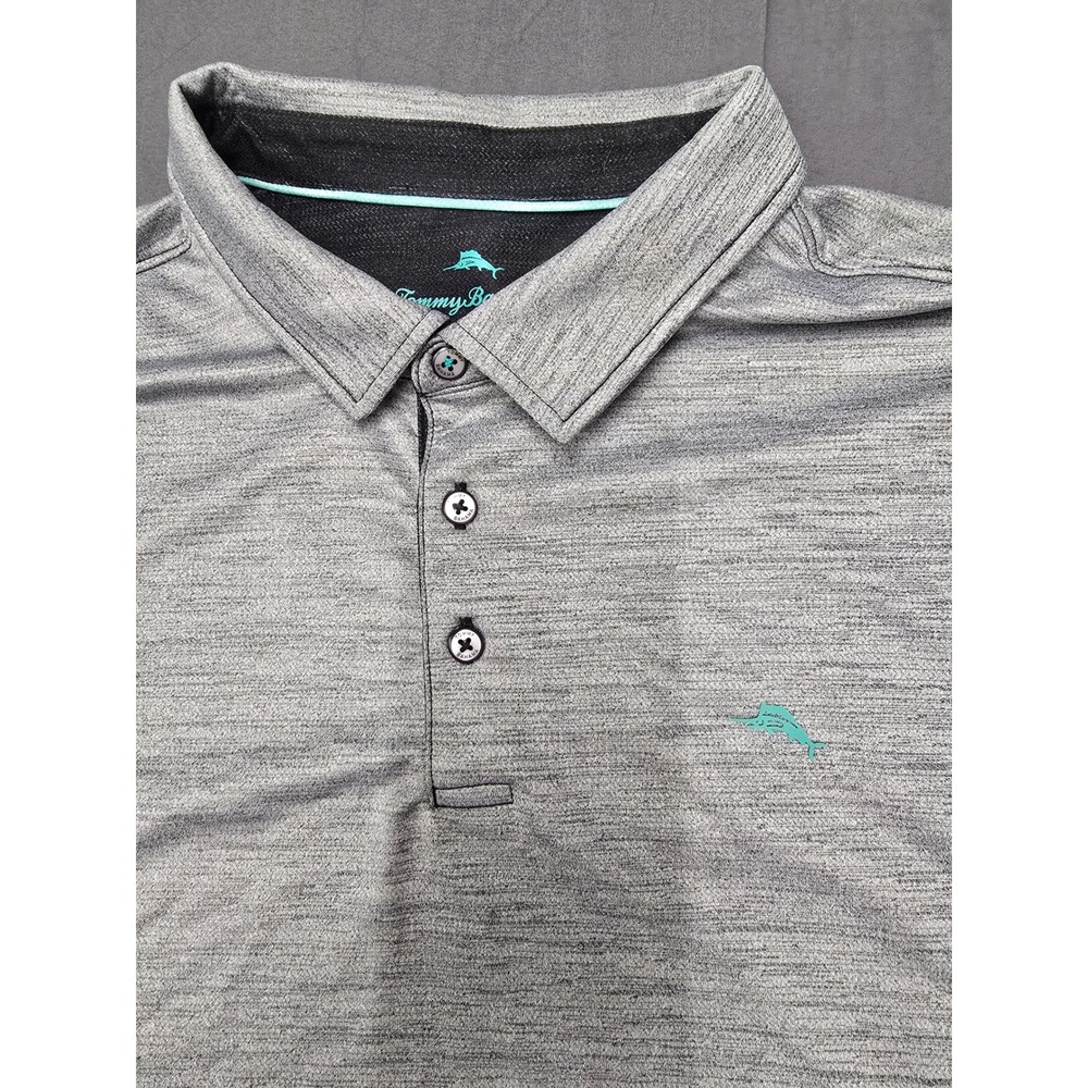 Tommy Bahama XXL Gray Space Dye Emfielder Polo Shirt Teal Marlin Logo Stretch